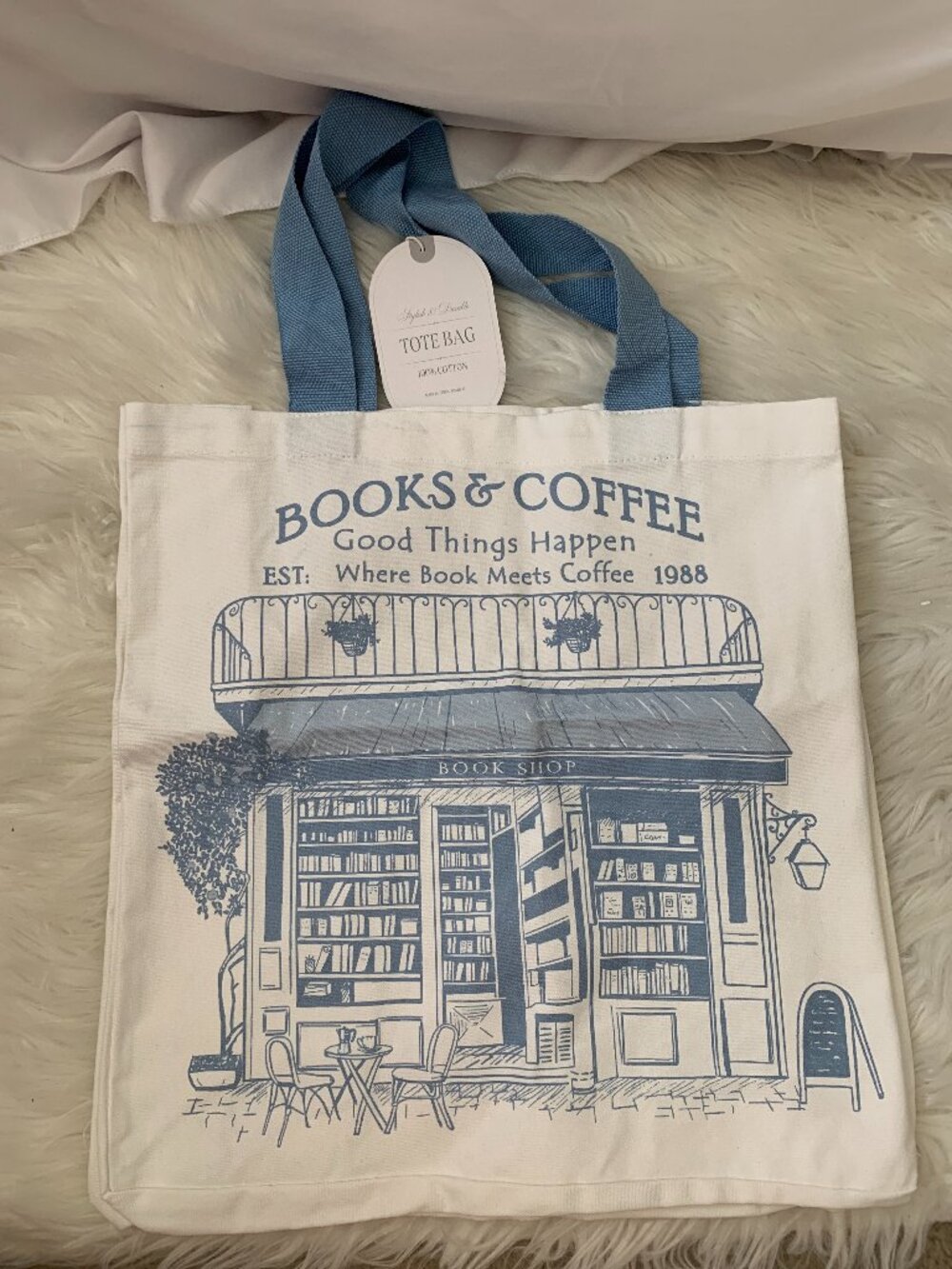 THE BOOK READER'S CLUB Books Meet Coffee Canvas Tote Bag in White/Blue